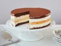Ein köstlicher Vatertag Kuchen mit Schichten aus dunklem Schokoboden, cremiger Füllung und Kakaopulver. Perfekt für den besonderen Tag!