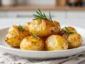 Goldbraune rosmarinkartoffeln im Airfryer, garniert mit frischem Rosmarin, auf einem weißen Teller.