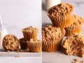 Saftige Apfelmus Muffins mit knuspriger Streuselhaube, daneben ein Glas Milch. Perfekt für den Nachmittagskaffee.