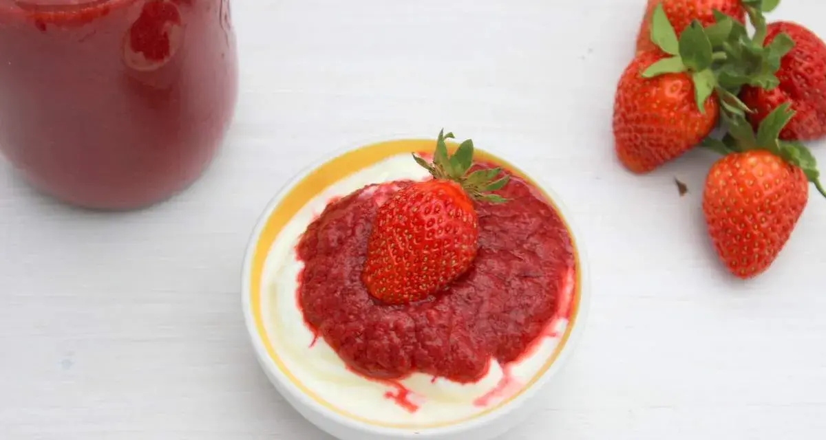 Frische Erdbeeren und eine Schüssel Joghurt mit selbstgemachter Erdbeersauce. Ein einfaches Erdbeersauce Rezept zum Genießen.