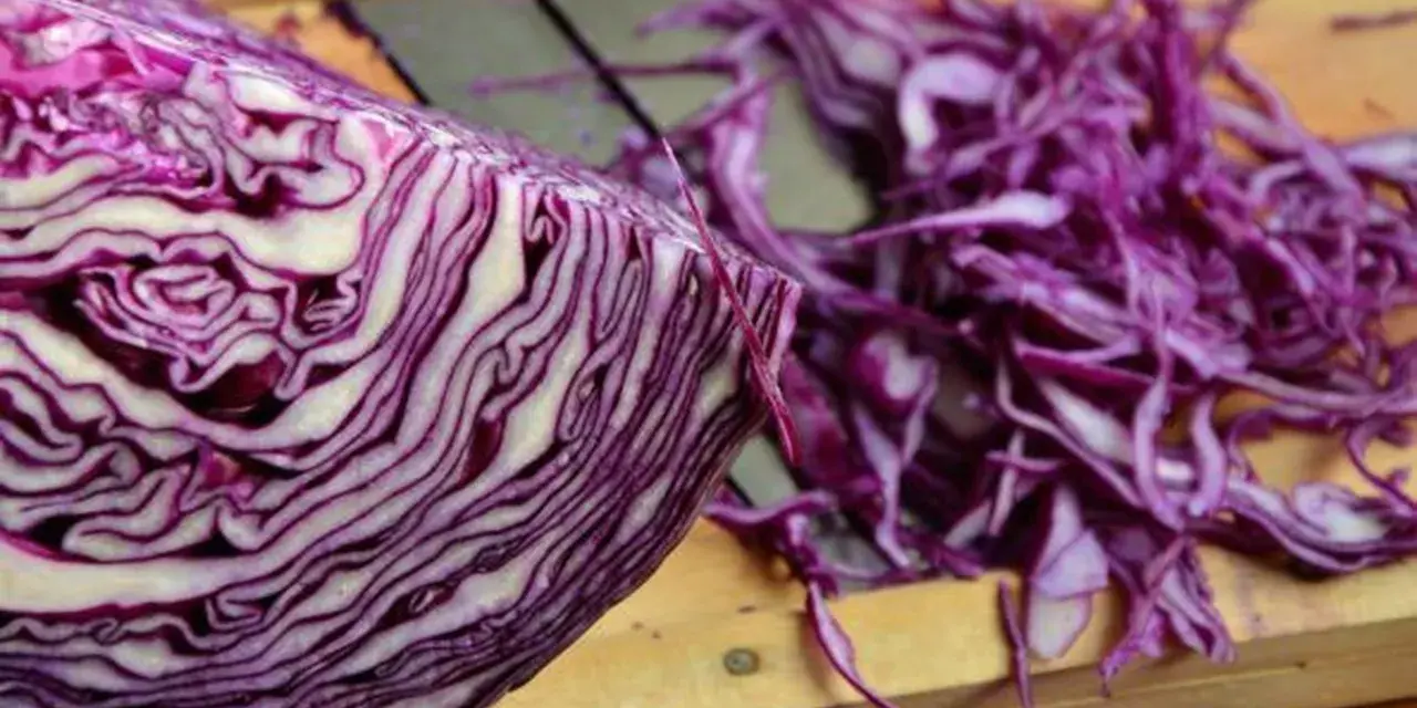 Ein halber Rotkohl liegt auf einem Holzbrett, daneben fein geschnittener Rotkohl für einen Salat.