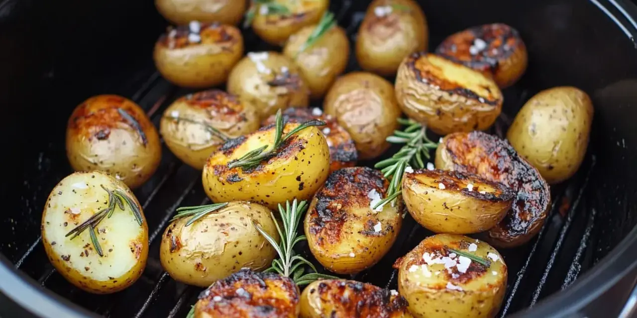 Gegrillte Rosmarinkartoffeln mit grobem Salz und Kräutern auf einem Rost.