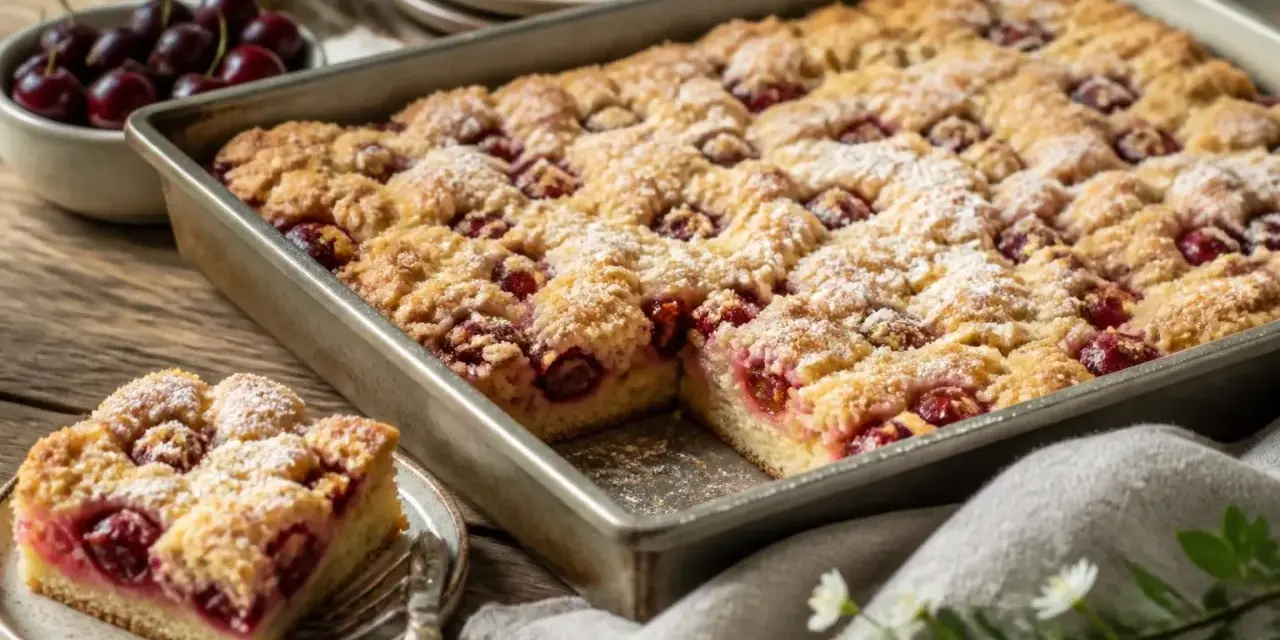 Ein saftiger Kirschstreuselkuchen im Blech, bestäubt mit Puderzucker. Daneben eine Schale frische Kirschen und ein Stück Kuchen auf einem Teller.