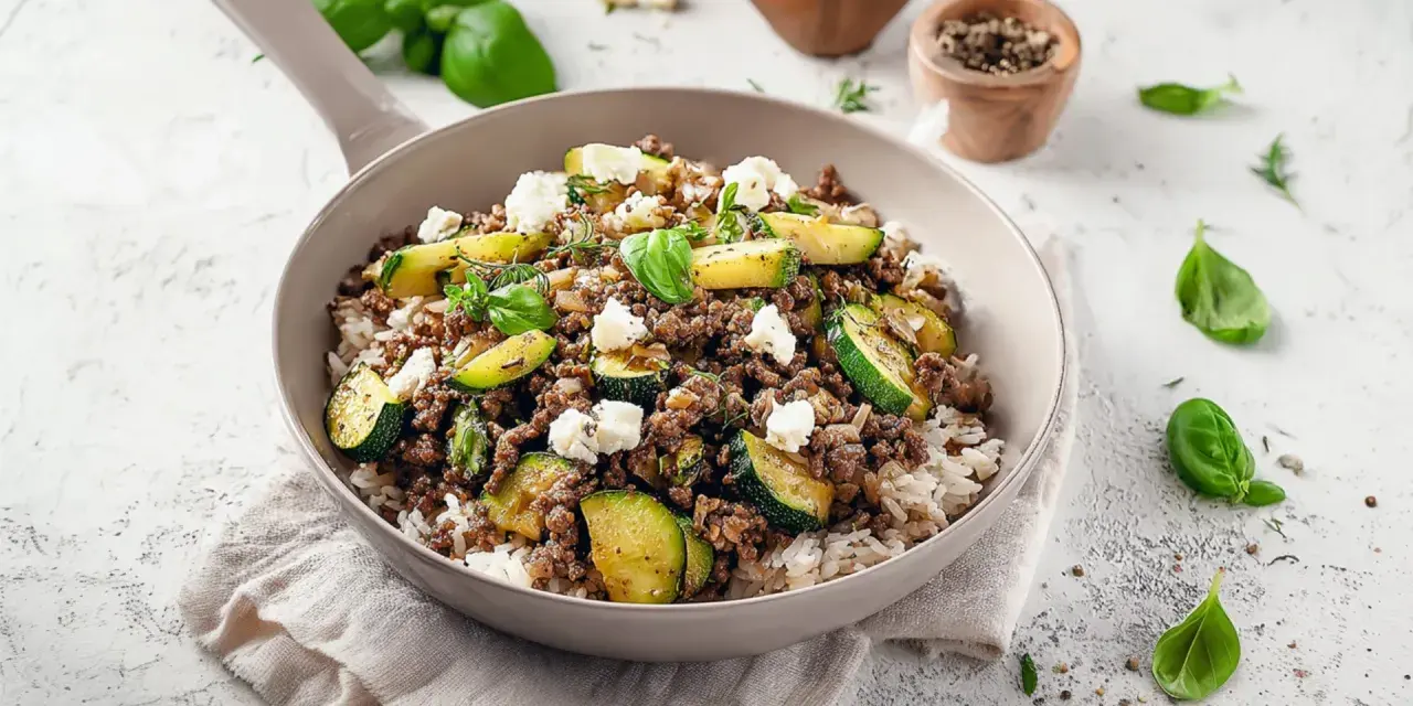 Herzhafte zucchini hackfleisch pfanne mit Reis und Feta, garniert mit frischem Basilikum.
