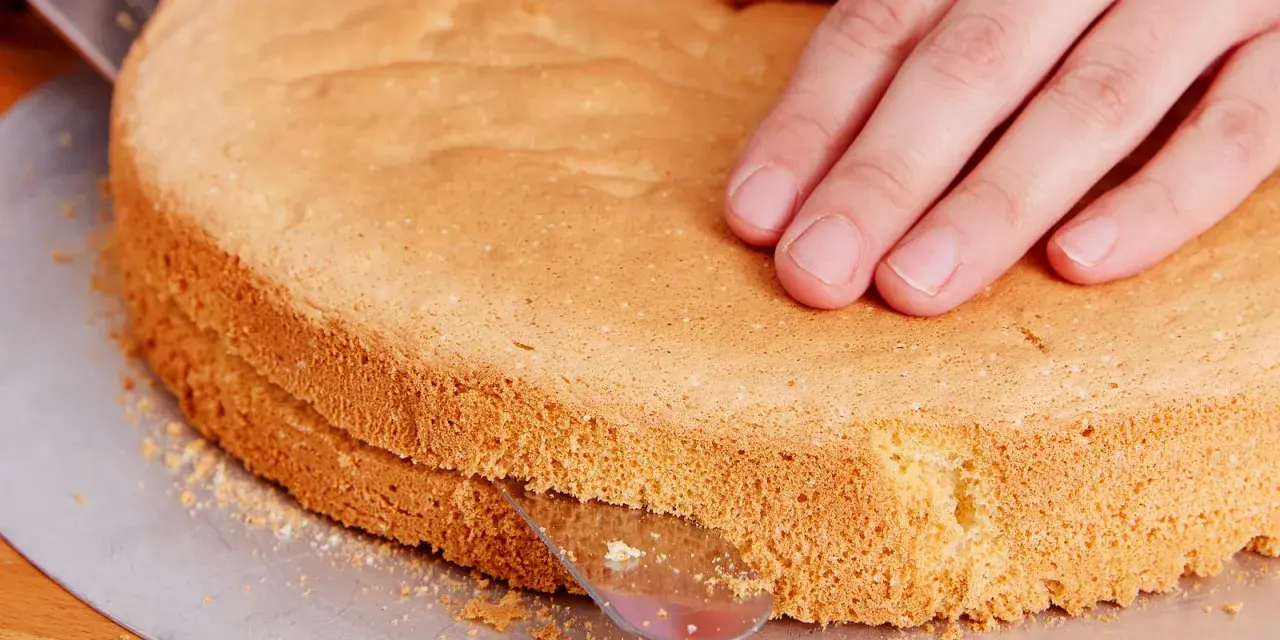 Ein Tortenboden wird mit einem Messer geteilt. Dieses einfache Tortenboden Rezept gelingt immer.