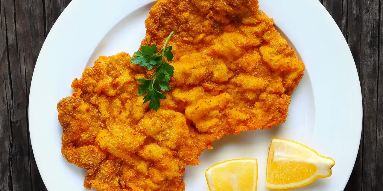 Ein knuspriges Schnitzel im Backofen, goldbraun paniert, mit Petersilie und Zitronenspalten auf einem weißen Teller serviert.