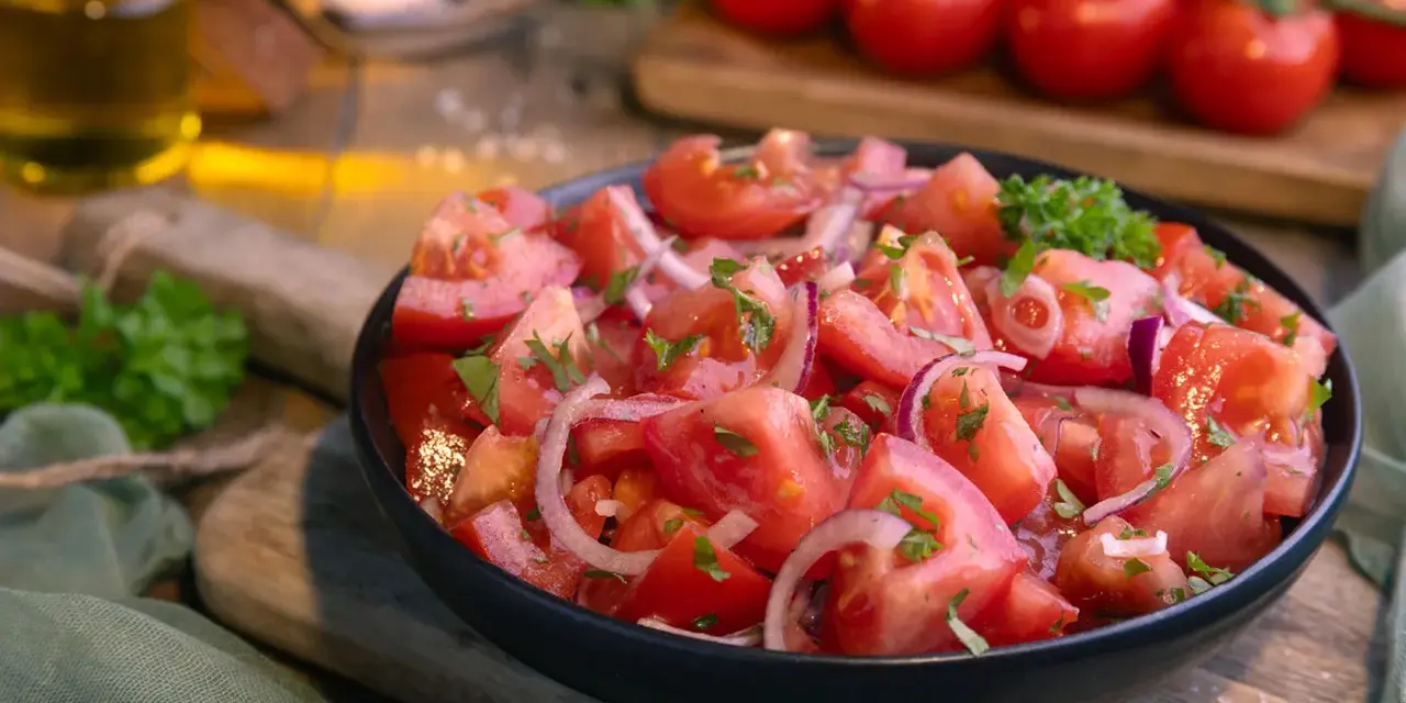 Frischer Tomatensalat mit roten Zwiebeln und Petersilie, perfekt für ein einfaches Tomatensalat Rezept.