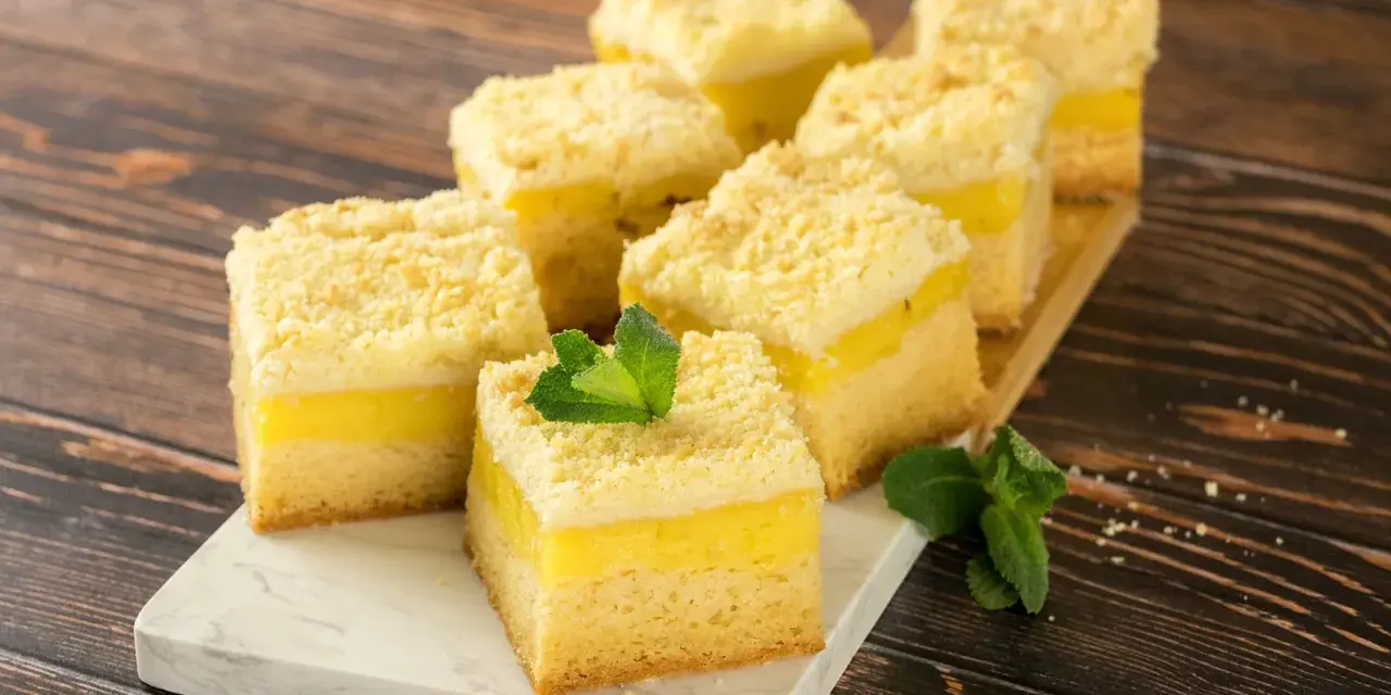 Saftige Kuchenstücke mit cremiger Puddingfüllung und Streuseln. Ein schneller Kuchen mit Pudding, der Lust auf mehr macht.