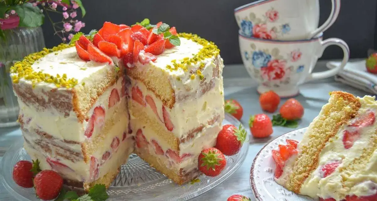 Erdbeerboden wie bei Oma: saftiger Biskuit mit viel frischen Erdbeeren und Sahne, verziert mit Pistazien. Ein Stück Kuchen zum Genießen.