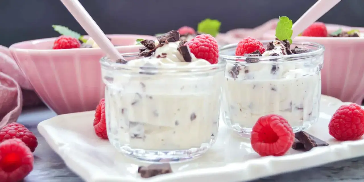 Leckeres Herrencreme Rezept: Cremiges Dessert mit Schokostückchen, frischen Himbeeren und Minze in Gläschen.