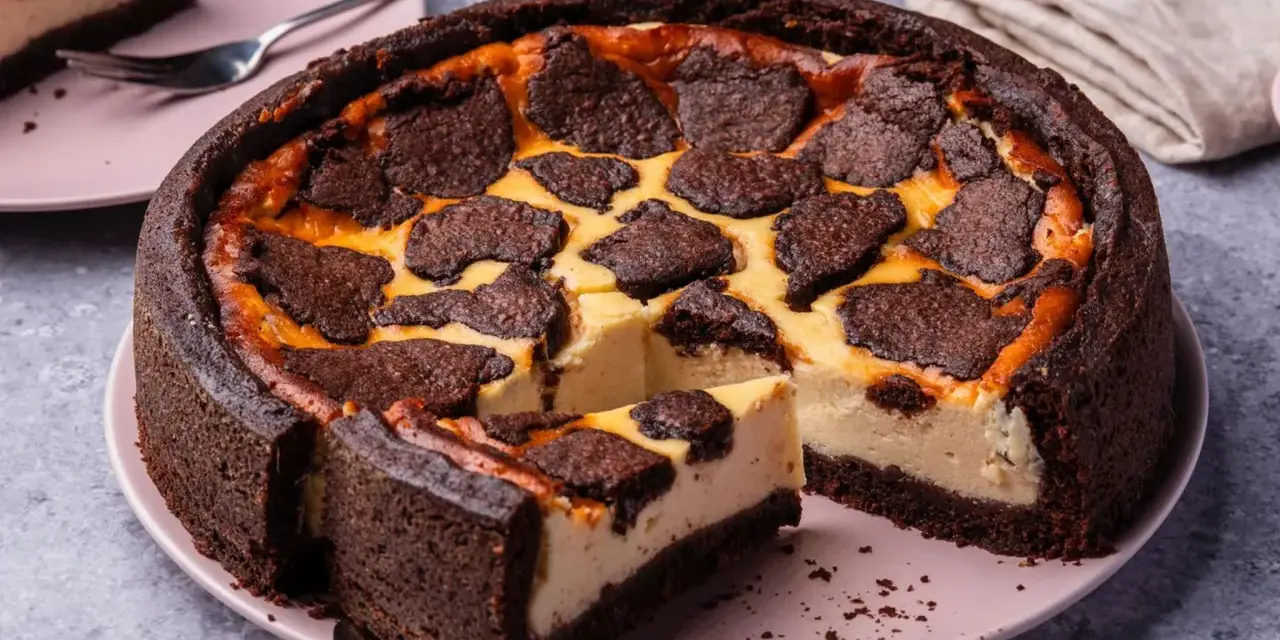 Ein saftiger russischer Zupfkuchen mit dunklem Schokoladenboden und cremiger Käsemasse, belegt mit zupfartigen Schokoladenstückchen.