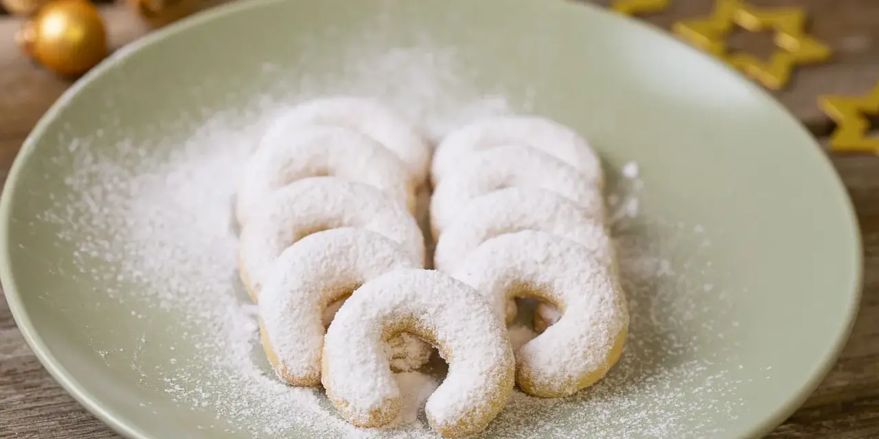 Vanillekipferl, bestäubt mit Puderzucker, liegen auf einem Teller. Goldene Kugeln und Sterne im Hintergrund deuten auf Weihnachten hin.