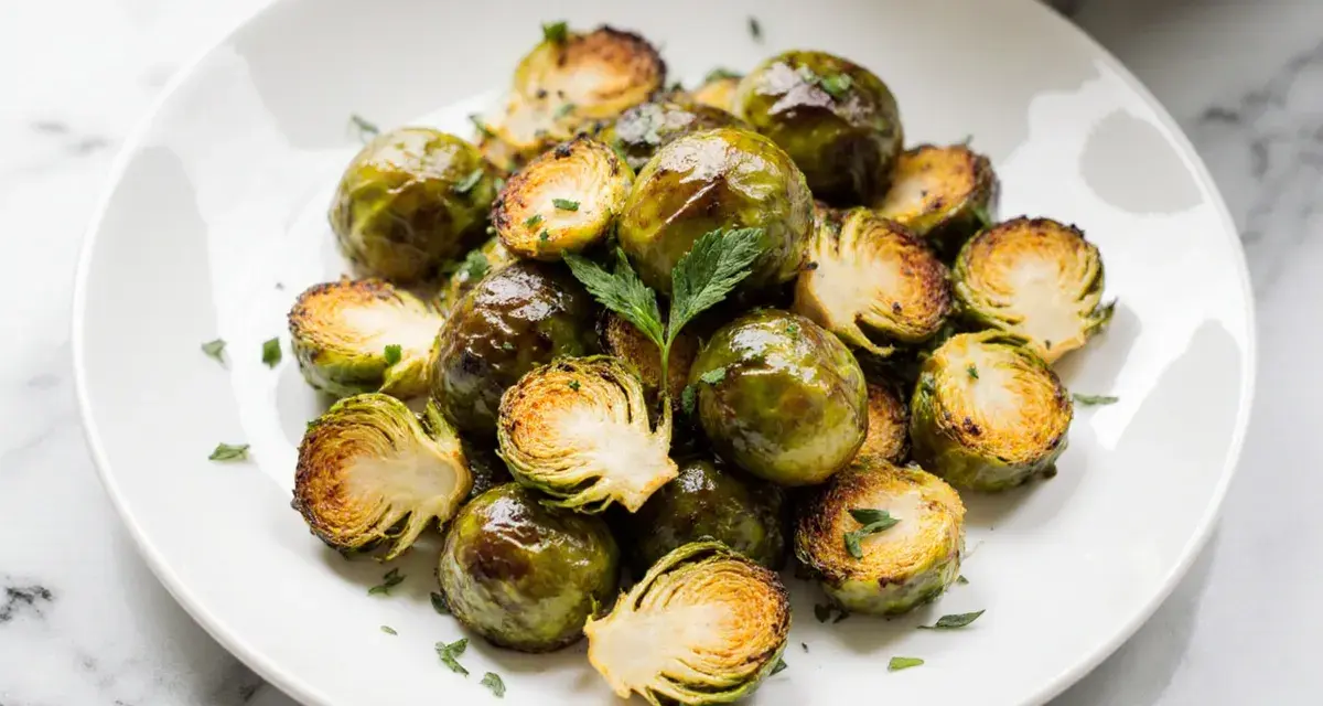 Knuspriger rosenkohl im airfryer, leicht gebräunt und mit Petersilie bestreut, auf einem weißen Teller serviert.