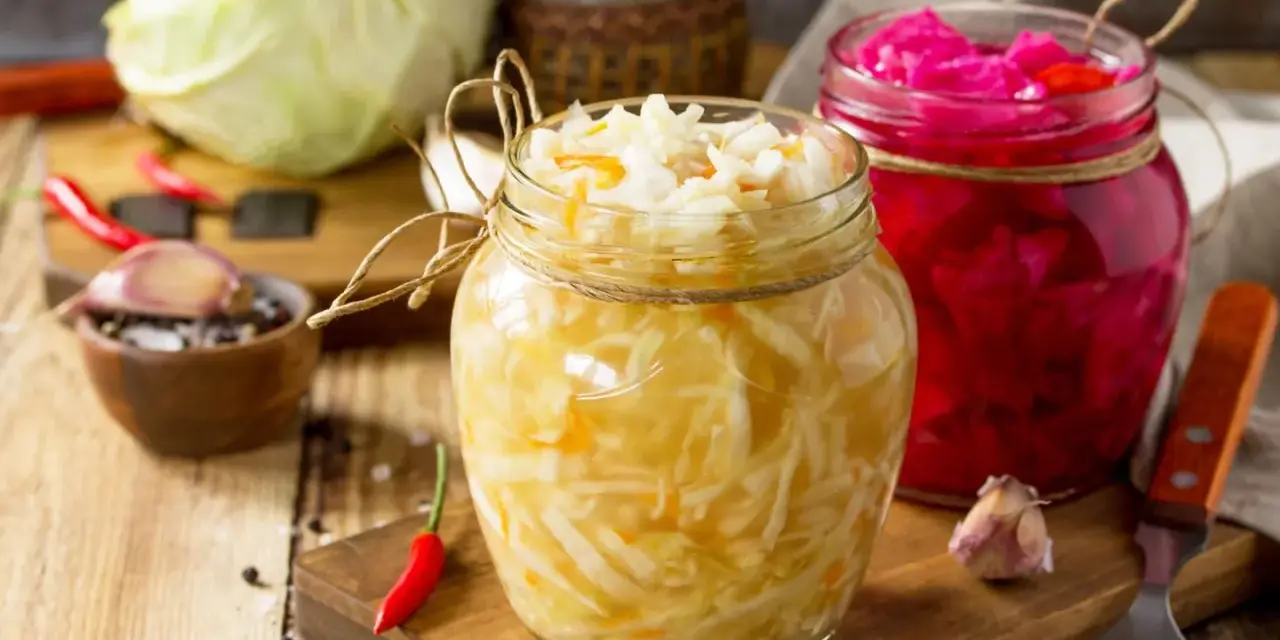 Zwei Gläser mit selbstgemachtem Sauerkraut und Rotkohl, daneben frischer Kohl, Knoblauch und Chilis.