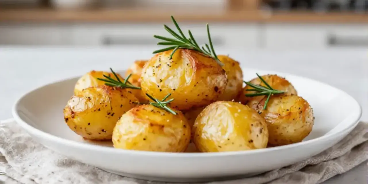 Goldbraune rosmarinkartoffeln im Airfryer, garniert mit frischem Rosmarin, auf einem weißen Teller.