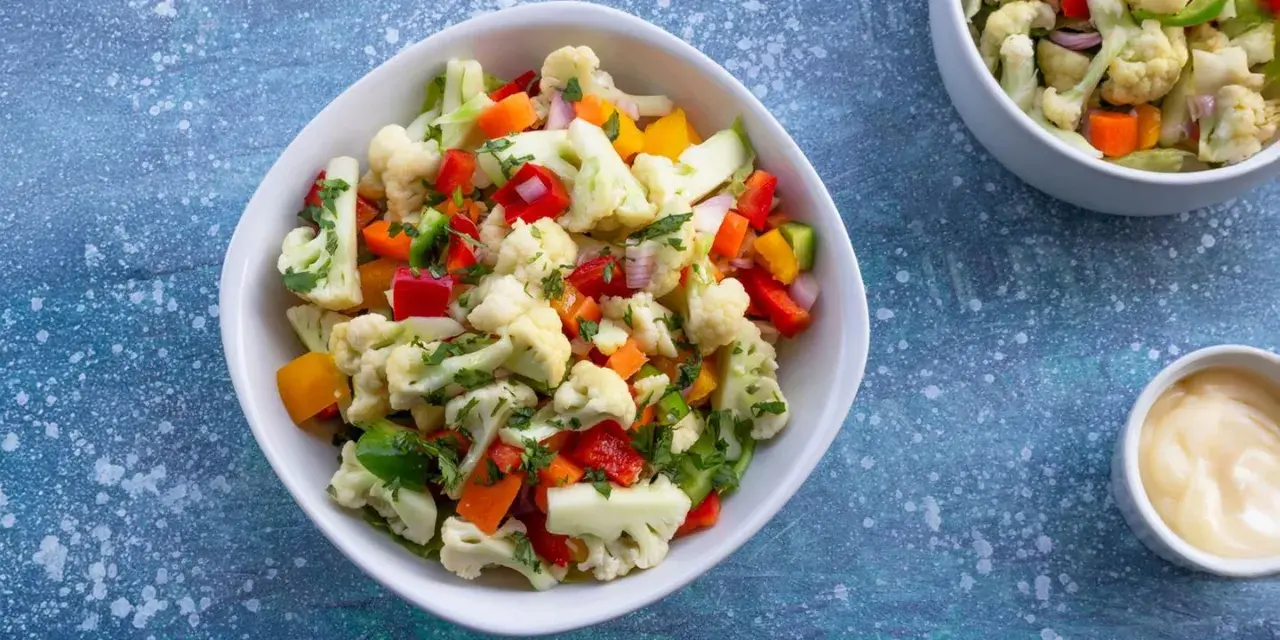 Frischer blumenkohl salat mit Paprika, Karotten und Kräutern, serviert in einer weißen Schüssel. Daneben eine kleine Schale mit Dip.