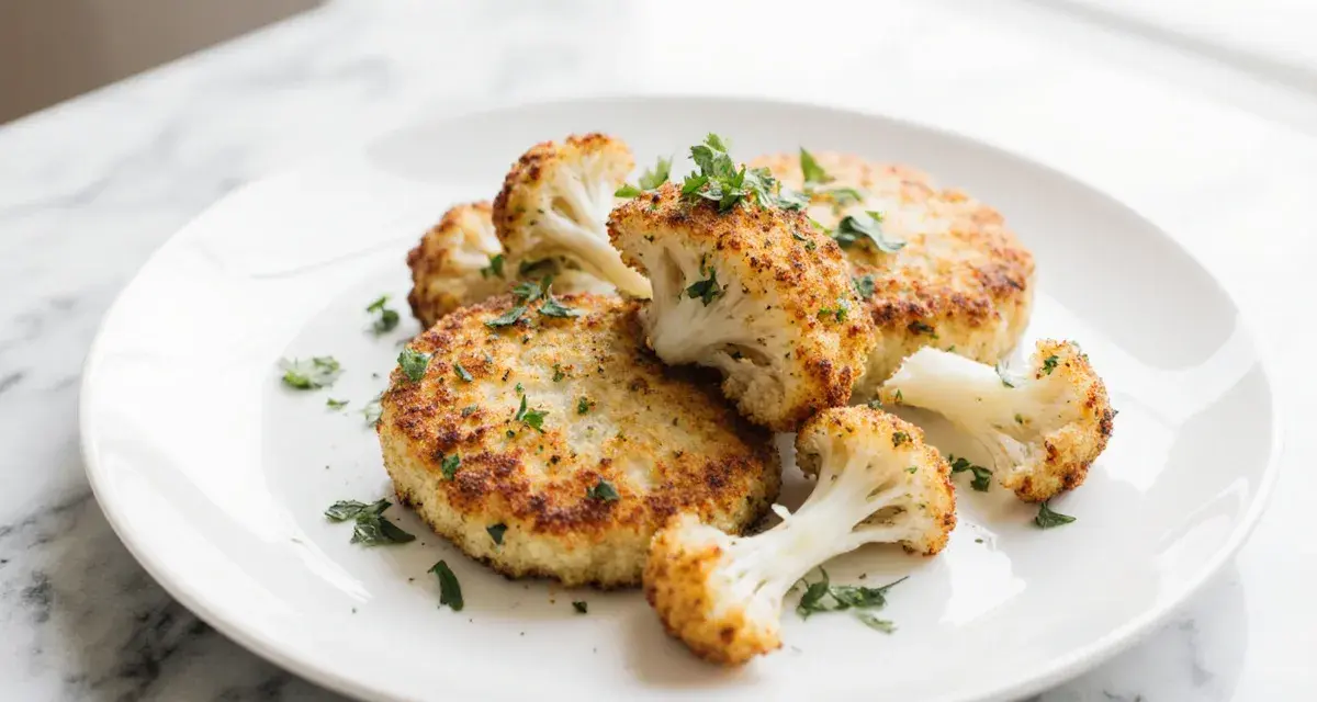 Knusprige Blumenkohl Schnitzel auf einem Teller, garniert mit frischer Petersilie. Ein leckeres vegetarisches Gericht.