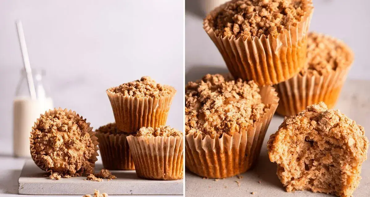 Saftige Apfelmus Muffins mit knuspriger Streuselhaube, daneben ein Glas Milch. Perfekt für den Nachmittagskaffee.