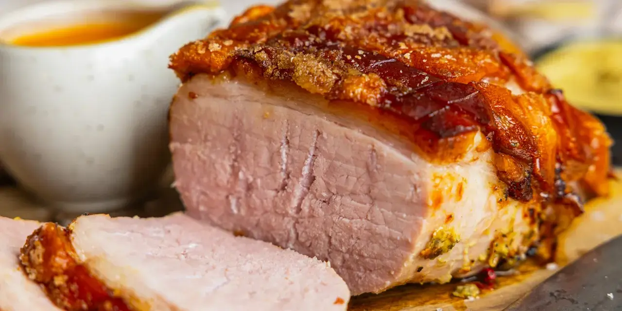 Saftiger Braten mit knuspriger Kruste, perfekt für die Zubereitung von Prager Schinken im Backofen. Dazu eine Schüssel mit Sauce.