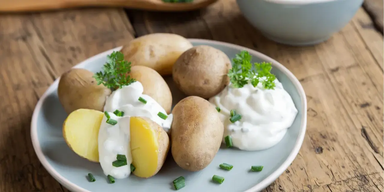 Gedämpfte Kartoffeln mit Kräuterquark und Schnittlauch, schnell in der Mikrowelle zubereitet.