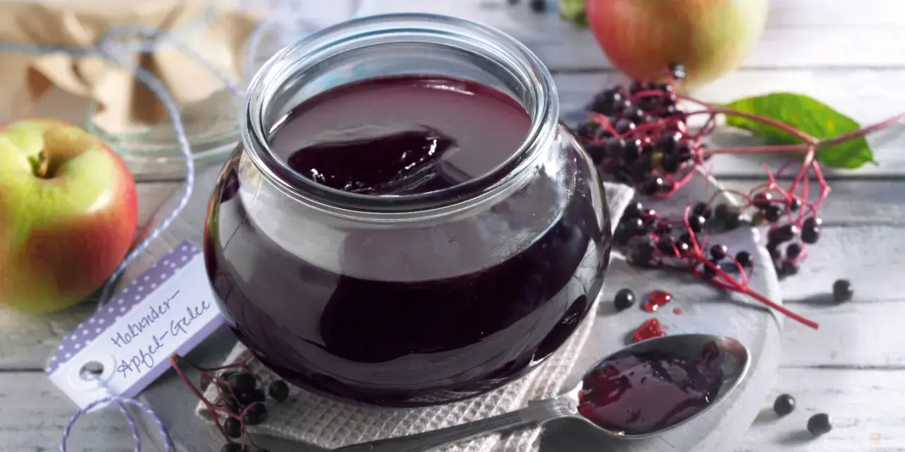 Ein Glas mit dunklem Holunder Apfel Gelee, daneben Äpfel und Holunderbeeren. Ein Löffel mit Gelee liegt bereit.