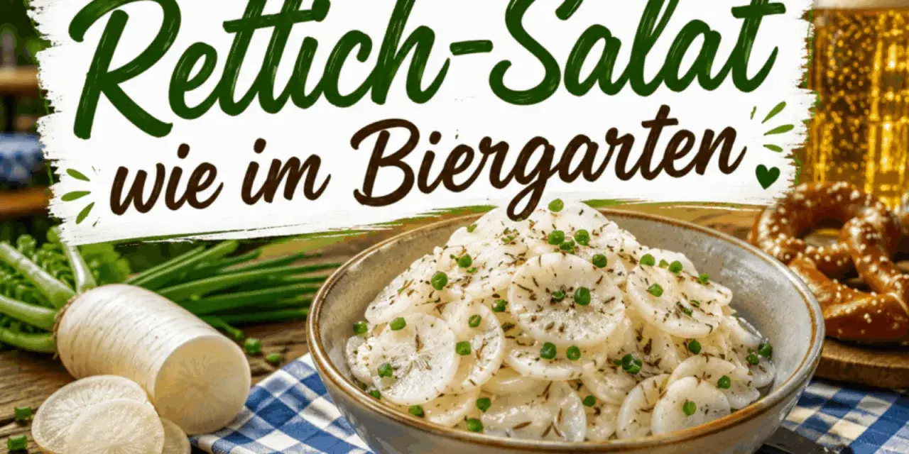 Frischer Rettichsalat, wie im Biergarten, mit Radieschen, Schnittlauch und einem Bier.