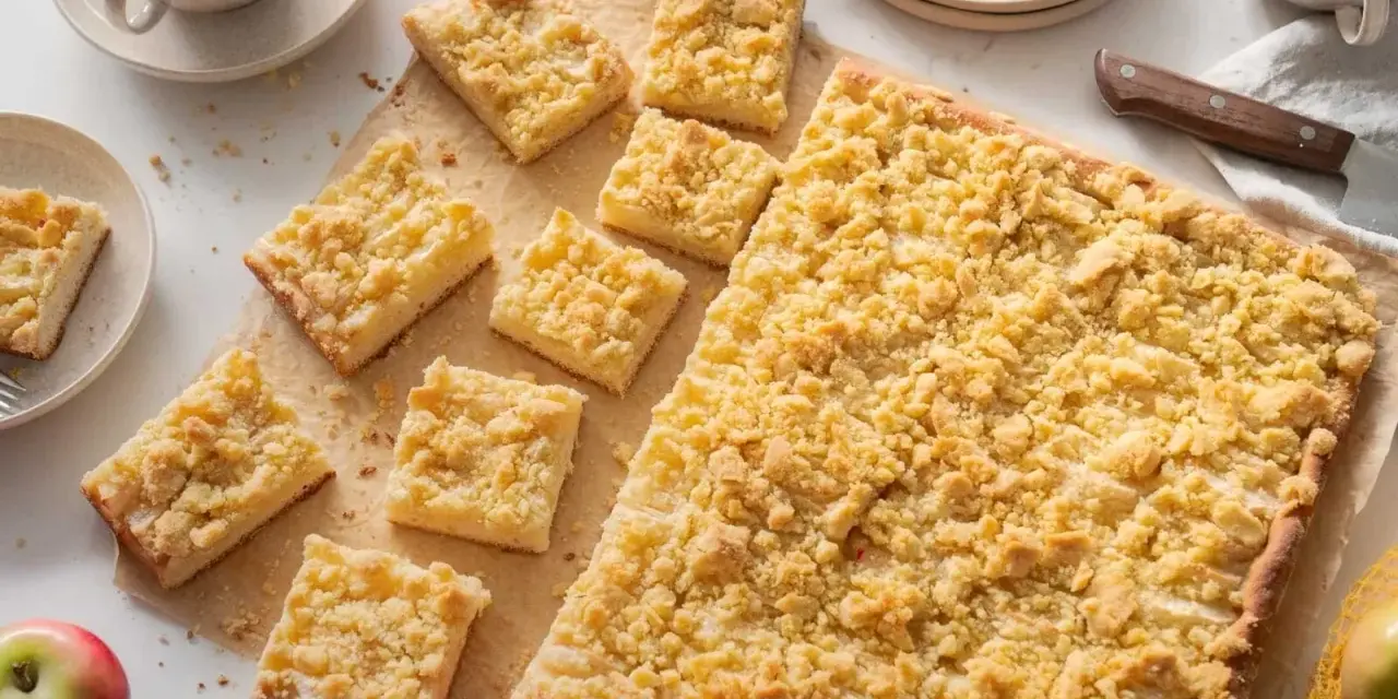 Ein frisch gebackener Apfelkuchen mit Streusel, aufgeteilt in rechteckige Stücke, daneben Äpfel und eine Tasse Kaffee.