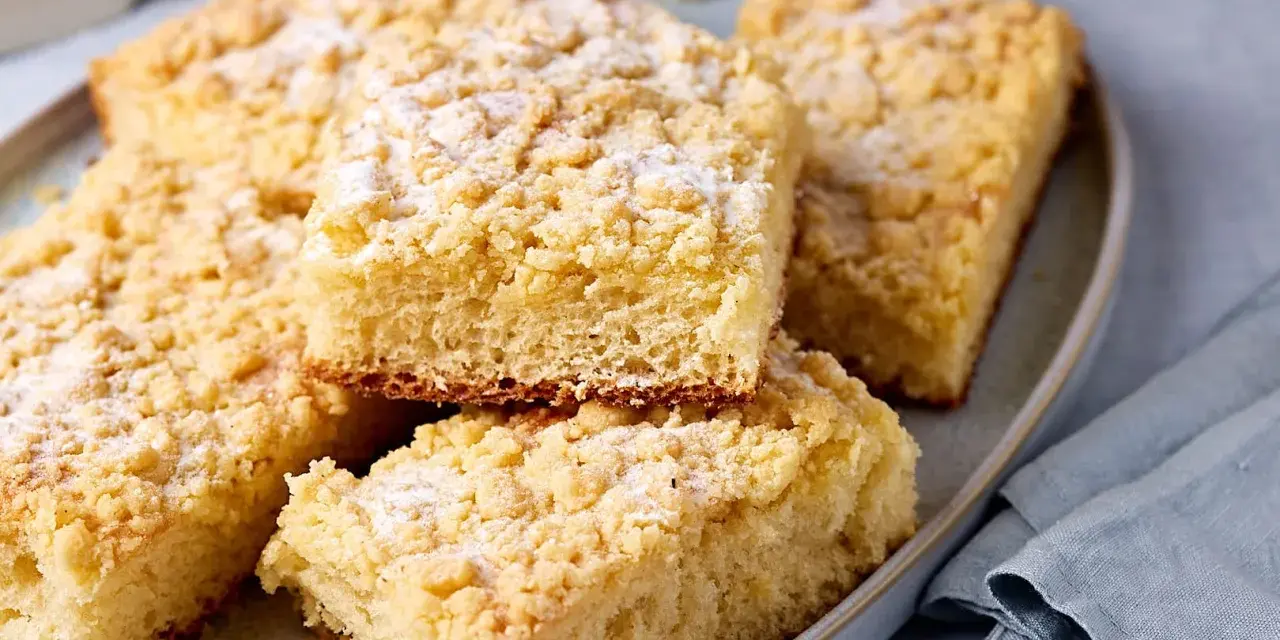 Saftiger Streuselkuchen vom Blech, mit Puderzucker bestäubt, liegt auf einem Teller.