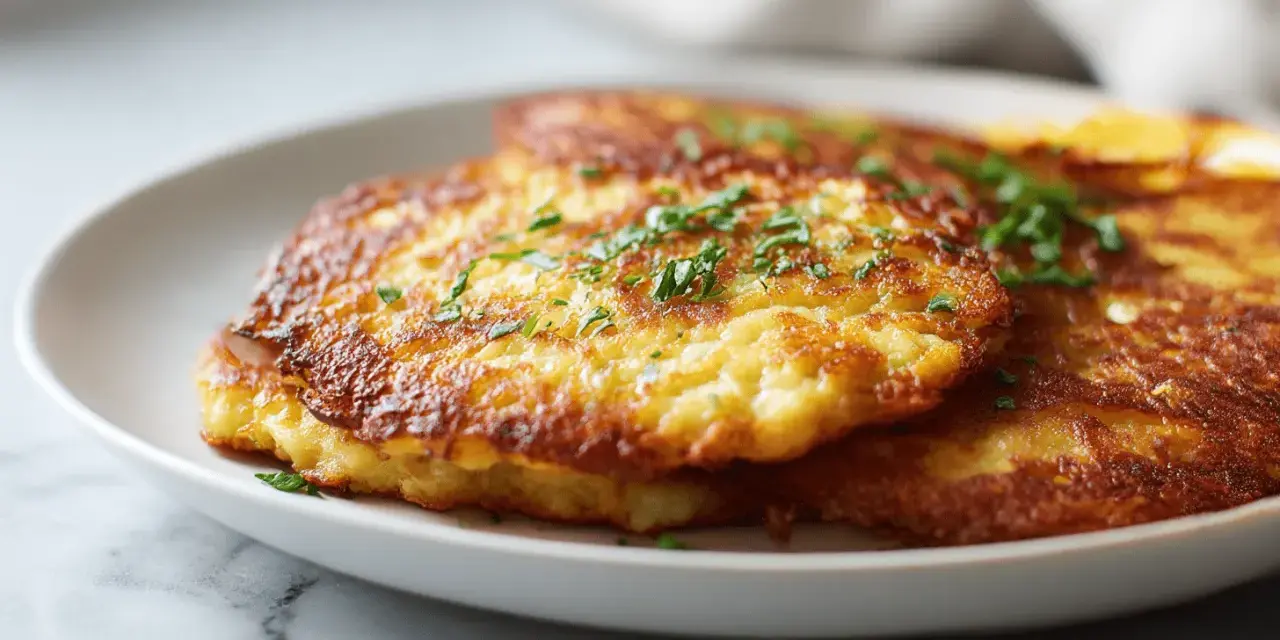 Goldbraune Kartoffelpuffer im Airfryer, garniert mit frischer Petersilie, auf einem weißen Teller.