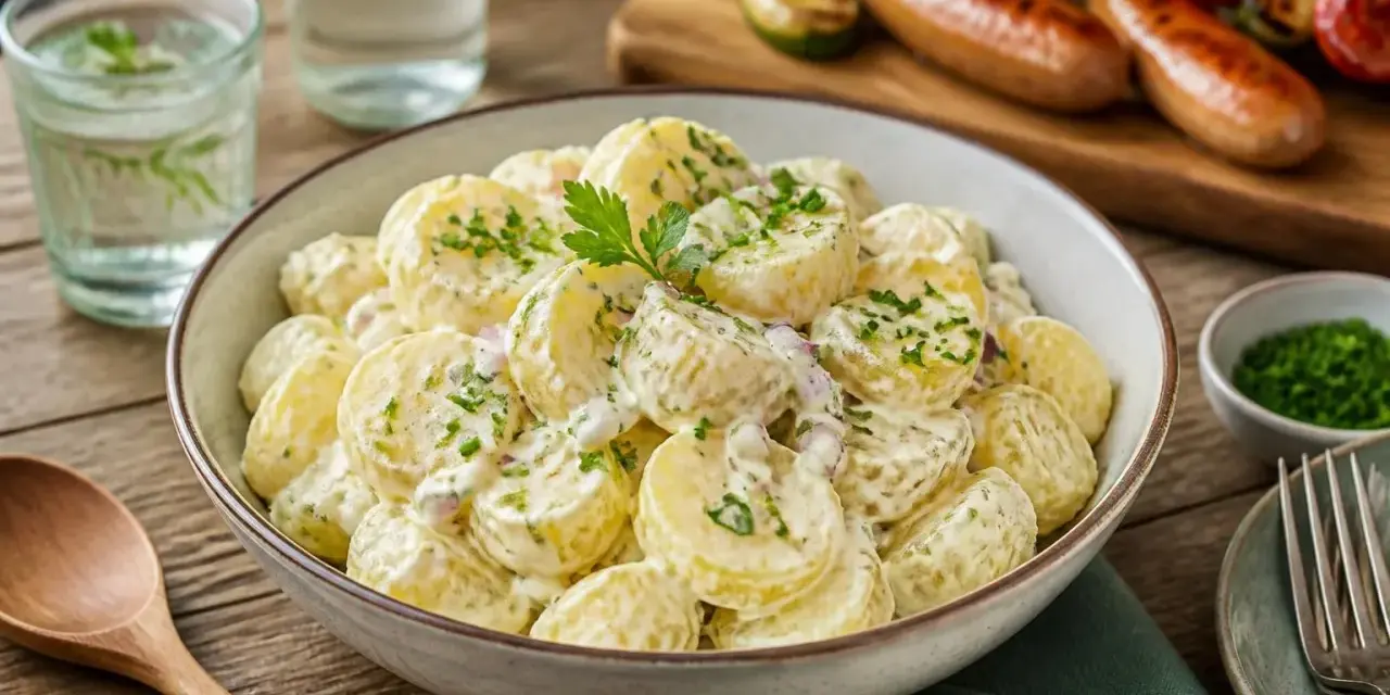 Cremiger Kartoffelsalat mit Schmand, garniert mit frischer Petersilie, bereit für ein Grillfest.