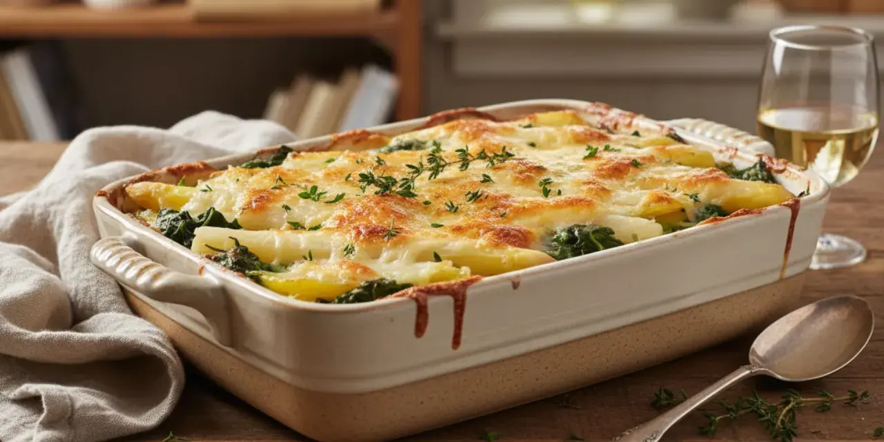 Ein goldbraun überbackener Spargelauflauf mit Käse und Kräutern, serviert in einer Auflaufform auf einem Holztisch.