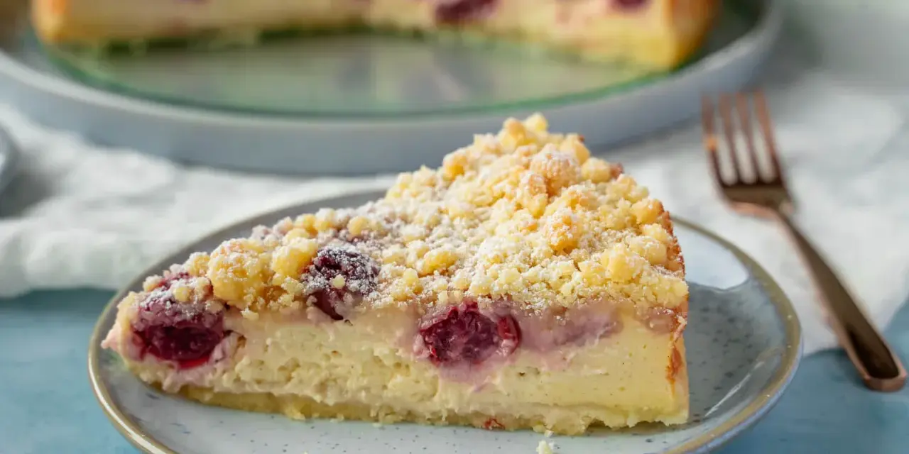 Ein Stück saftiger, schneller Quark Kirsch-Kuchen mit Streuseln und Puderzucker bestäubt.