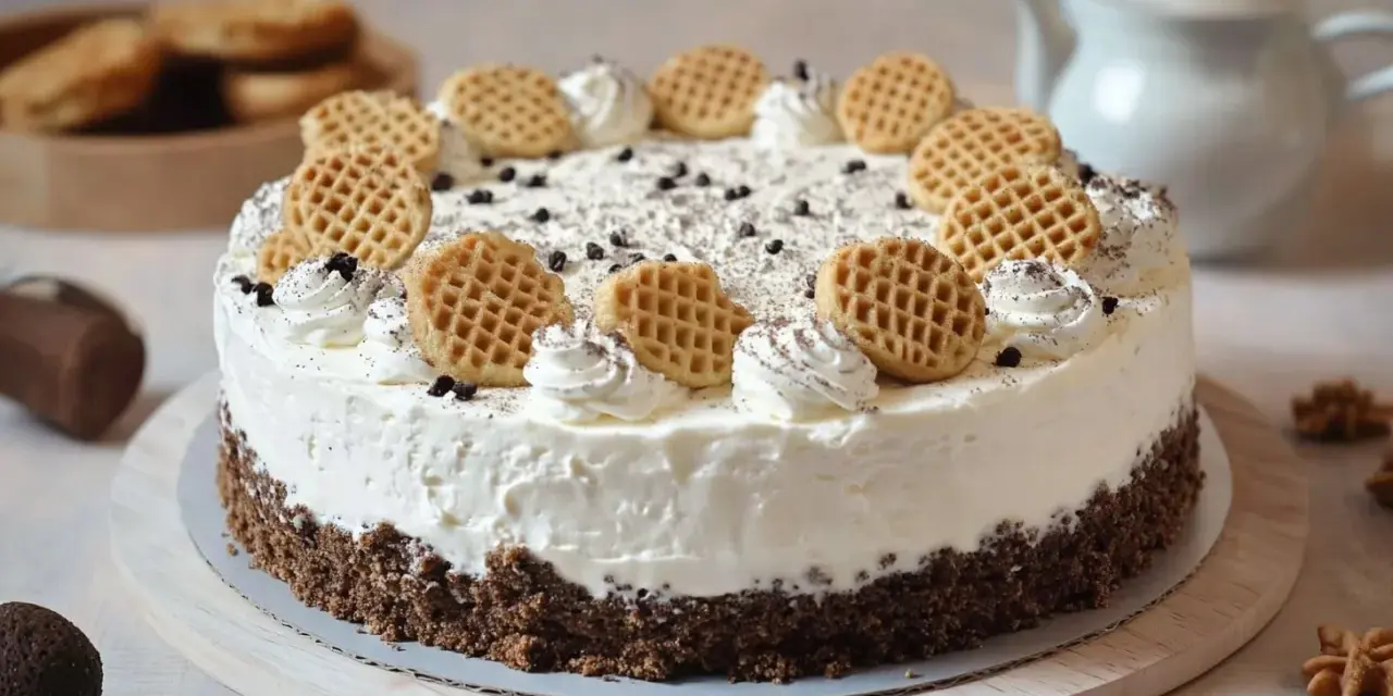 Cremige Mohrenkopftorte mit Keksboden, verziert mit Sahnetuffs, Schokostreuseln und kleinen Waffeln. Ein Traum für jeden Kaffeetisch!