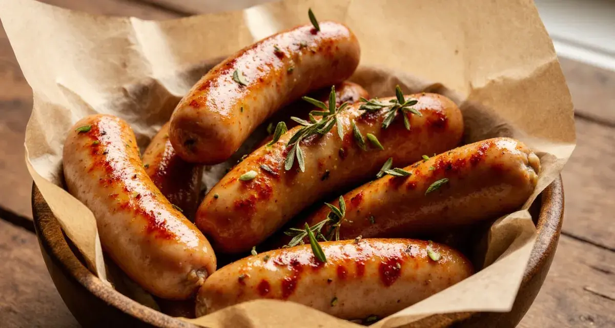 Saftige bratwurst im airfryer, goldbraun und mit Rosmarin garniert, serviert in einer Holzschale auf rustikalem Tisch.