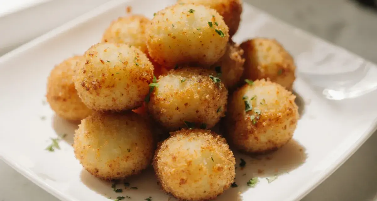 Goldbraune, knusprige kroketten aus kartoffelbrei, garniert mit Petersilie, auf einem weißen Teller.