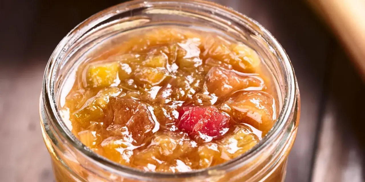 Ein Glas mit leuchtend rotem und goldenem Rhabarber-Chutney, bereit zum Genießen.