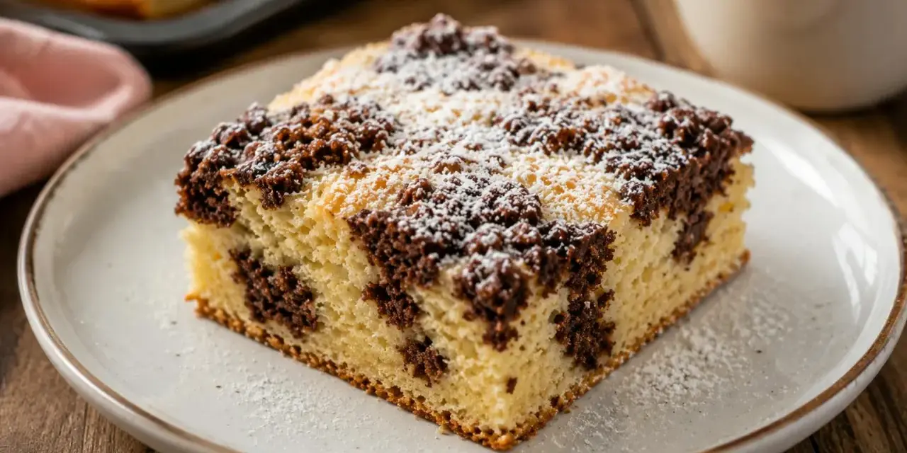 Ein Stück saftiger Wolkenkuchen mit Schokostreuseln und Puderzucker. Dieses Wolkenkuchen Rezept ist ein Genuss!
