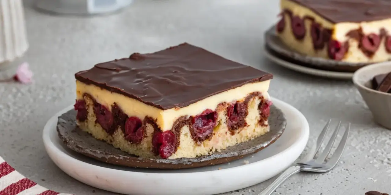 Ein Stück Donauwelle ohne Buttercreme, mit dunkler Schokoladenglasur, Kirschen und hellem Teig.