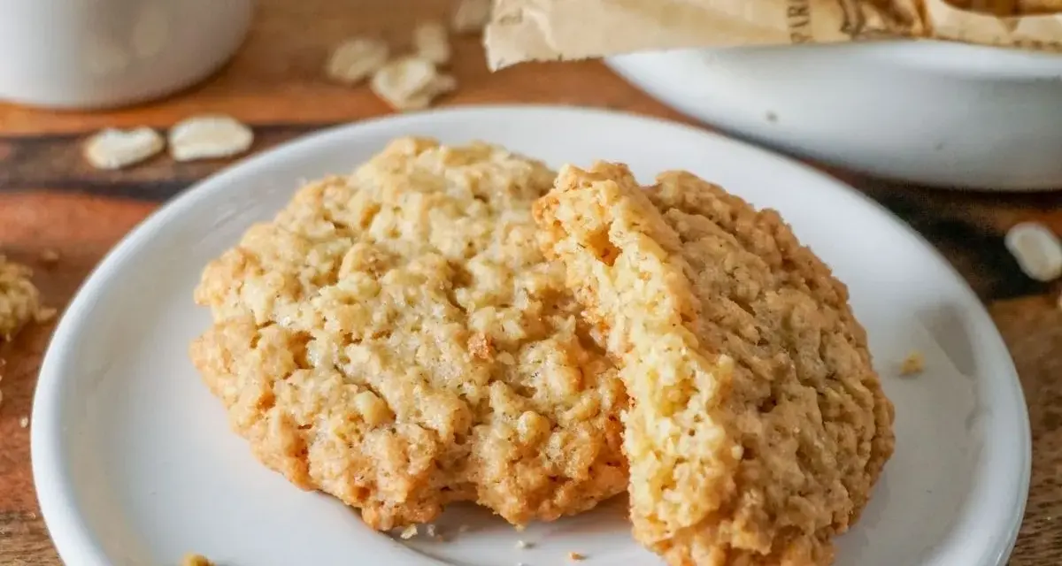 Zwei goldbraune Haferkekse liegen auf einem weißen Teller. Ein leckeres haferkekse rezept zum Nachbacken.