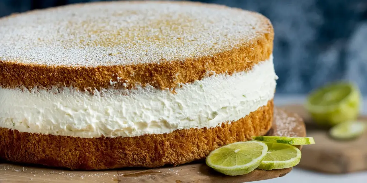 Saftige Quark Sahne Torte mit frischen Limettenspalten, bestäubt mit Puderzucker.