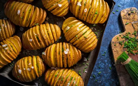 Fertig gegrillte Hasselback-Kartoffeln mit Schnittlauch und grobem Salz, bereit für den Gasgrill.
