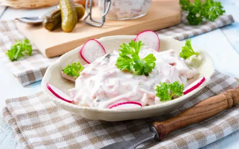 Ein cremiger Fleischsalat, garniert mit Radieschen und Petersilie. Ein einfaches und leckeres rezept fleischsalat für jede Gelegenheit.