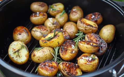 Gegrillte Rosmarinkartoffeln mit grobem Salz und Kräutern auf einem Rost.