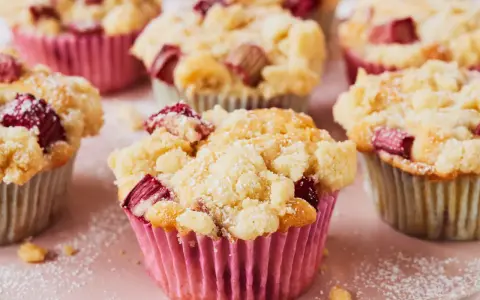 Saftige Rhabarber Muffins mit Streuseln, bestäubt mit Puderzucker. Ein Genuss für jeden Kaffeetisch.