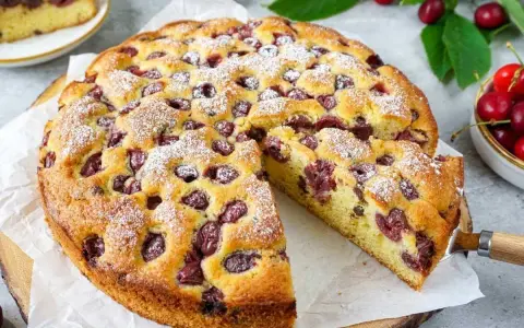 Ein saftiger Kirschkuchen, bestäubt mit Puderzucker, mit einem Stück herausgeschnitten. Frische Kirschen und Blätter liegen daneben.