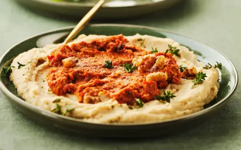 Cremiges Bohnenmus mit würziger Tomaten-Walnuss-Mischung und frischen Kräutern. Ein köstliches Rezept für Bohnenmus!