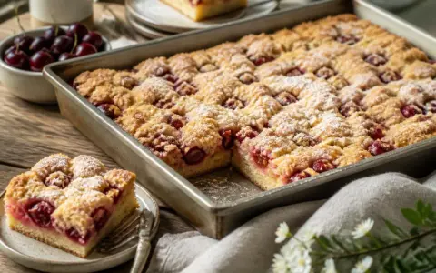 Ein saftiger Kirschstreuselkuchen im Blech, bestäubt mit Puderzucker. Daneben eine Schale frische Kirschen und ein Stück Kuchen auf einem Teller.