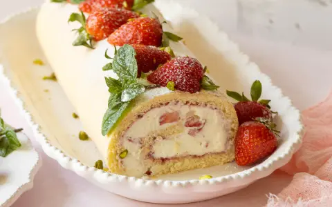 Erdbeer Biskuitrolle mit frischen Erdbeeren, Minze und Pistazien bestreut, auf einer weißen Servierplatte.