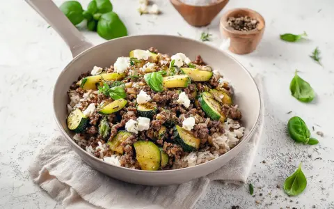 Herzhafte zucchini hackfleisch pfanne mit Reis und Feta, garniert mit frischem Basilikum.
