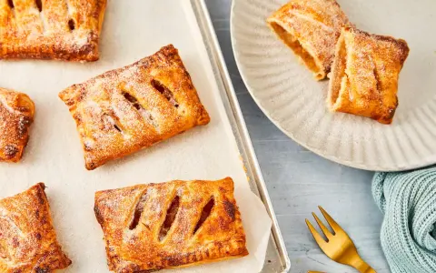 Goldbraune Apfeltaschen, bestäubt mit Puderzucker, warten auf dem Backblech und auf einem Teller. Ein köstliches Apfeltaschen Rezept zum Nachbacken.